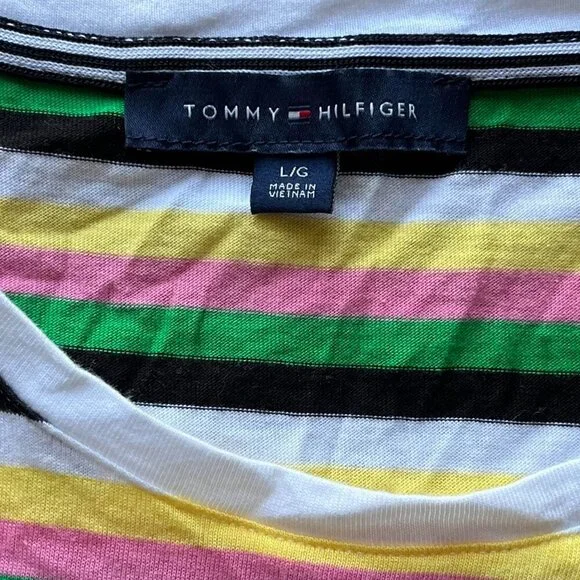 Tommy Hilfiger TShirt Women Large Multicolor Striped Cotton S Sleeve Preppy Top - Picture 2 of 6